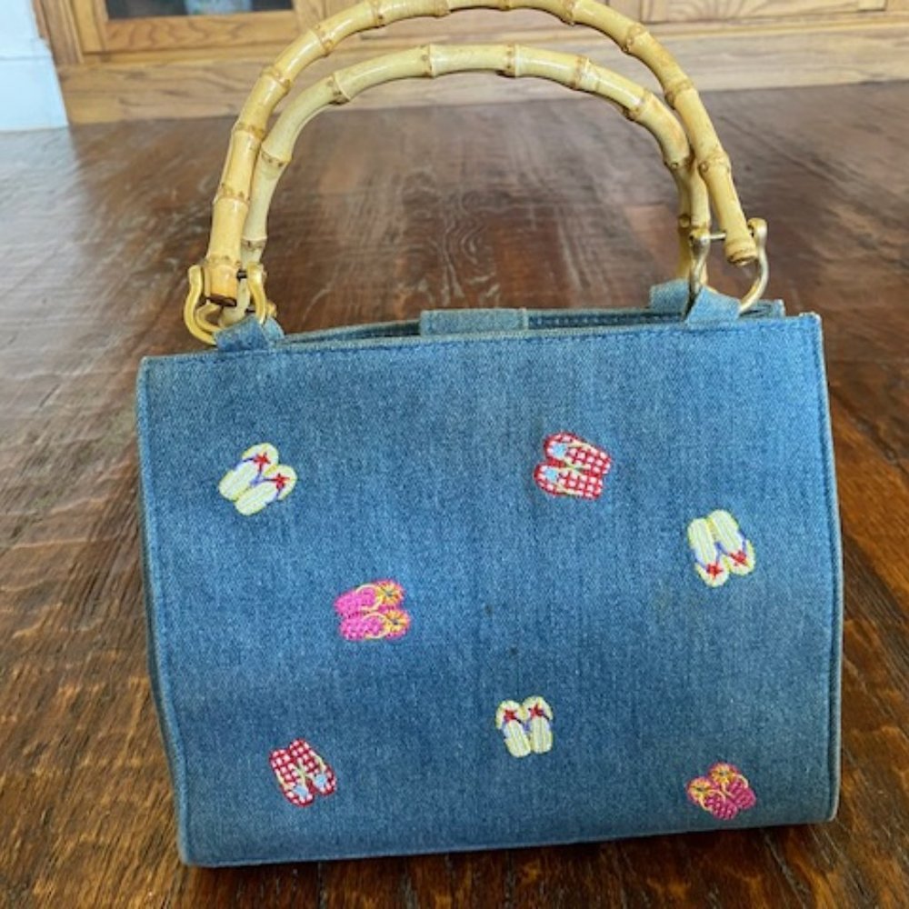 New * Light DENIM Handbag PURSE * Embroidered SANDALS Flip Flops *BAMBOO Handles